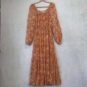 Sundance Dress Womens XS Pink Yellow Floral Boho Peasant Maxi Long Sleeve Tiered